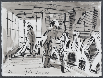 203054 Afbeelding van bouwvakkers op de Domtoren te Utrecht tijdens restauratiewerkzaamheden, ter hoogte van ca. 70 meter.